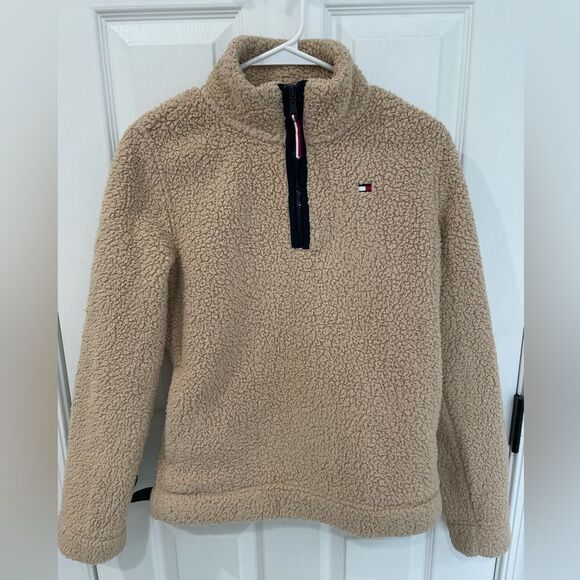 Tommy Hilfiger Tops - Tommy Hilfiger Tan Teddy Faux Fur Quarter Zip Pullover Sweater Women’s Size XS
